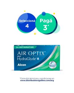 Promoción Air Optix Astigmatismo HydraGlyde selecciona 4 paga 3 en Distribuidora Galileo Argentina durante mayo