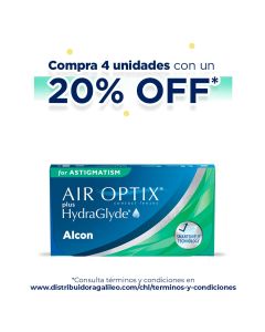 "Oferta especial: 20% de descuento* en la compra de 4 cajas de Air Otix Plus HydraGlyde Astigmatismo"

