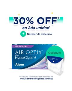 Obtén un 30% de descuento en tu segunda unidad de Air Optix Plus HydraGlyde Multifocal, y recibe un neceser de regalo. 