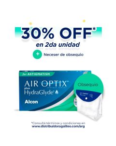 Promoción Air Optix Astigmatismo HydraGlyde: Compra tu segunda unidad y obtén un descuento del 30%, además de recibir un neceser de regalo. ¡Cuida tus ojos con lentes de contacto de alta calidad y tecnología innovadora!