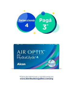 Promoción Air Optix plus HydraGlyde selecciona 4 paga 3 en Distribuidora Galileo Argentina durante mayo